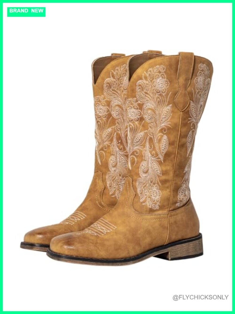 Wide Calf Cowboy Boots Square Toe Faux Leather Pull On Western Boots